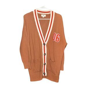 Aerie Cardigan Sweater Orange Brown Oversized Varsity Waffle Knit Womens Small